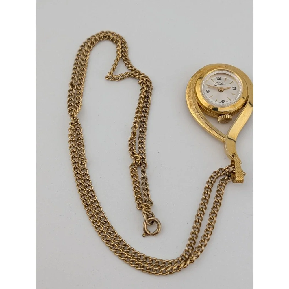Vintage New 1960s Chateau Swiss Mechanical‎ Pendant Watch Gold Case w/ Chain